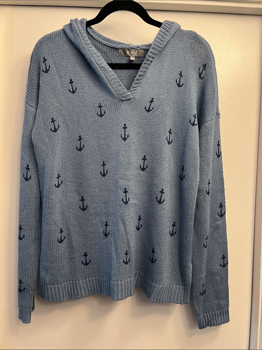 Marled Reunited Clothing Light Blue Anchor Knit Hoodie Sweater Size Large